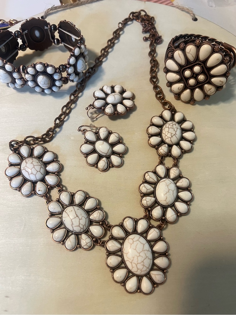 White Floral Statement Necklace, Earring Set with 2 Bracelets- Women Jewelry -